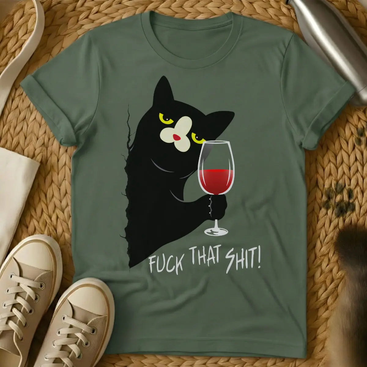 Chill Cat Shirt - Military Green T-Shirt - aspirational laziness, cat nap culture, feline zen master
