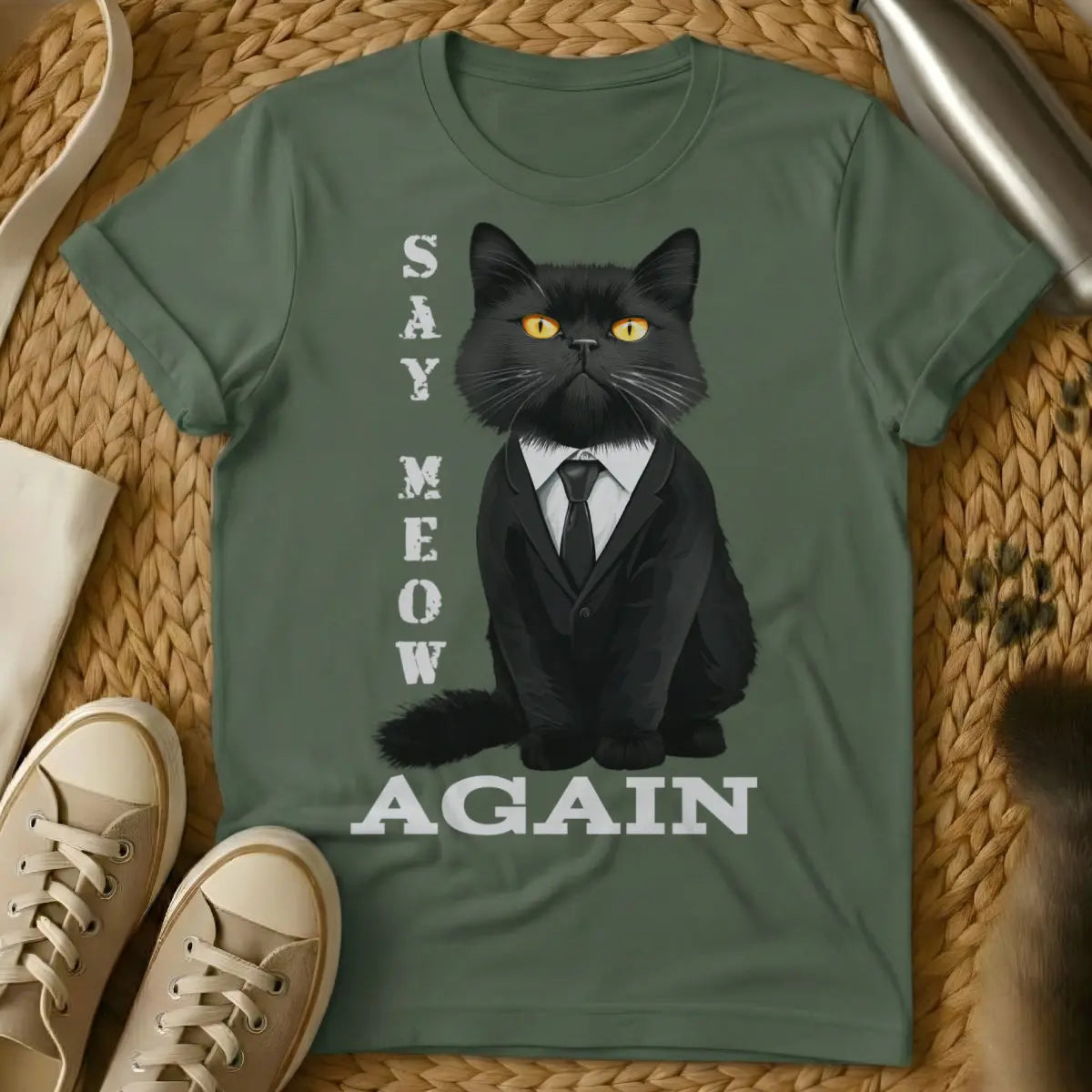 Pulp Fiction Cat Shirt - Military Green Cat T-Shirt