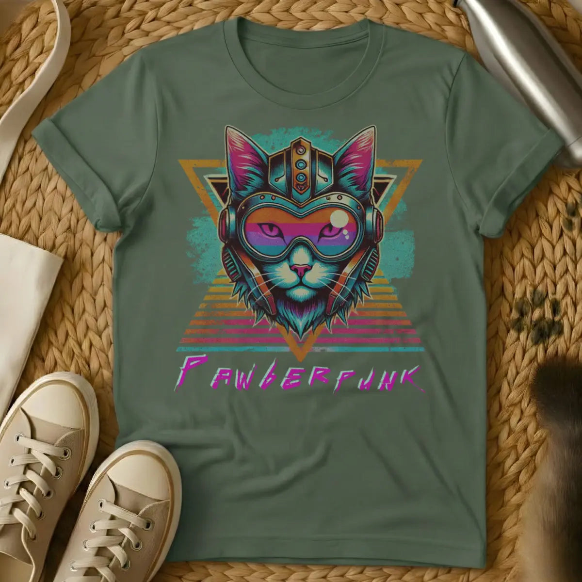 Cyberpunk Cat Shirt - Military Green T-Shirt - dystopian feline, neon noir, night city cat
