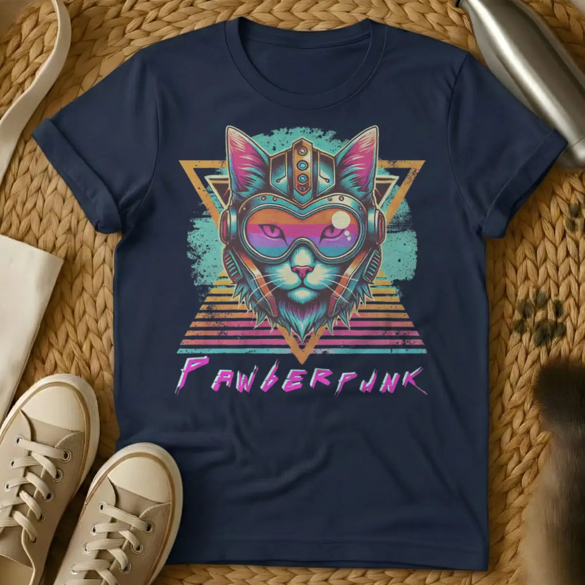 Cyberpunk Cat Shirt - Navy T-Shirt - dystopian feline, neon noir, night city cat