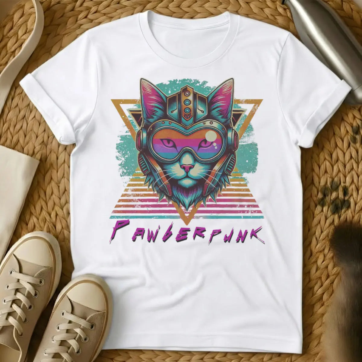 Cyberpunk Cat Shirt - White T-Shirt - dystopian feline, neon noir, night city cat