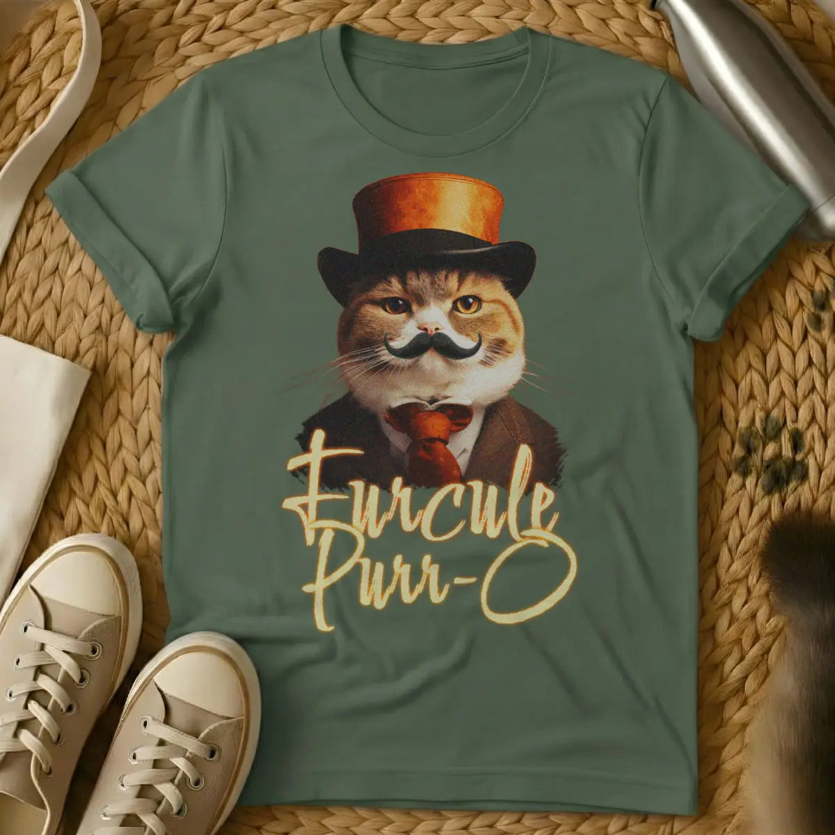 Poirot Cat Shirt - Military Green Cat T-Shirt