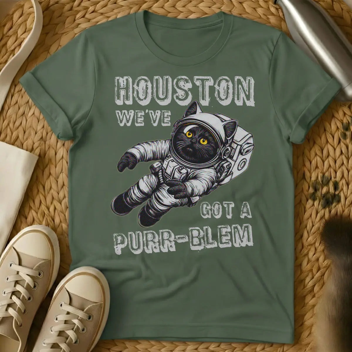 Houston Cat Shirt - Military Green Cat T-Shirt