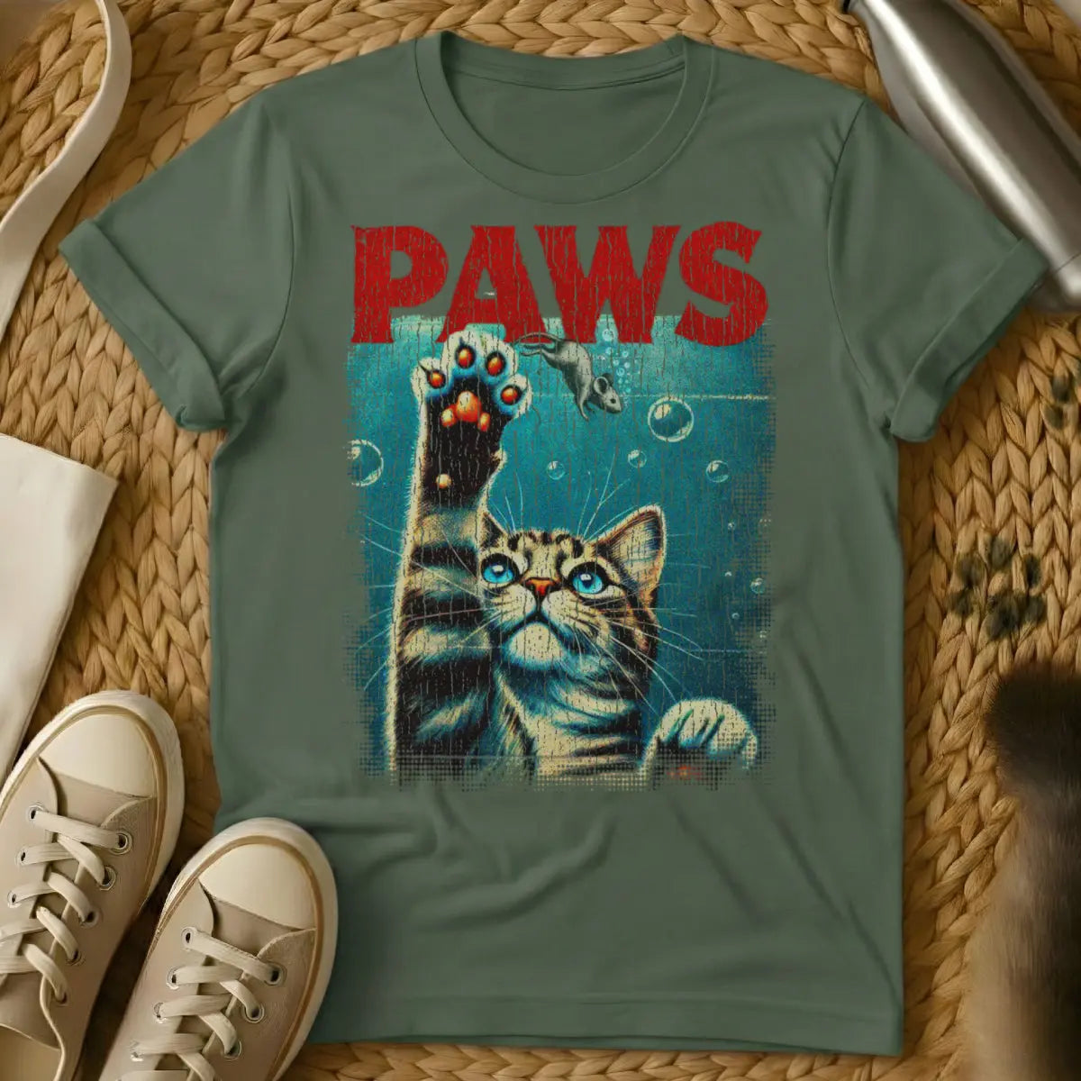 Paws Cat Shirt - Military Green Cat T-Shirt