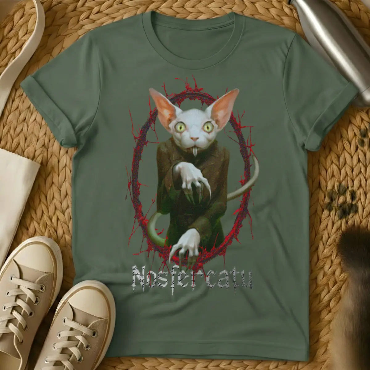 Nosferatu Cat Shirt - Military Green Cat T-Shirt