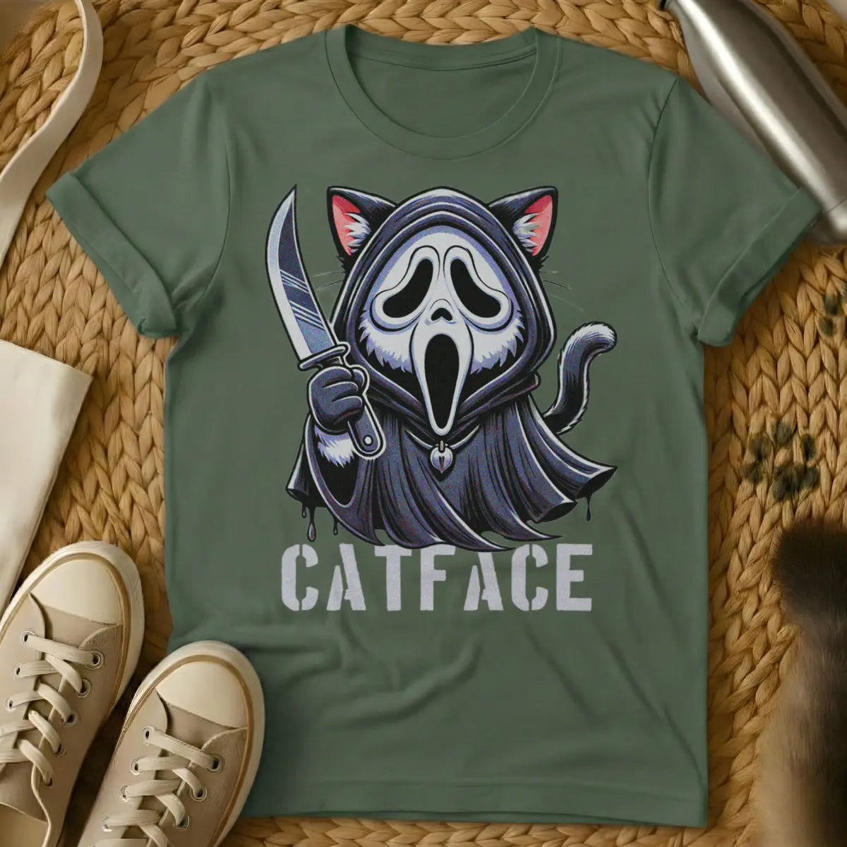 Ghostface Cat Shirt - Military Green Cat T-Shirt