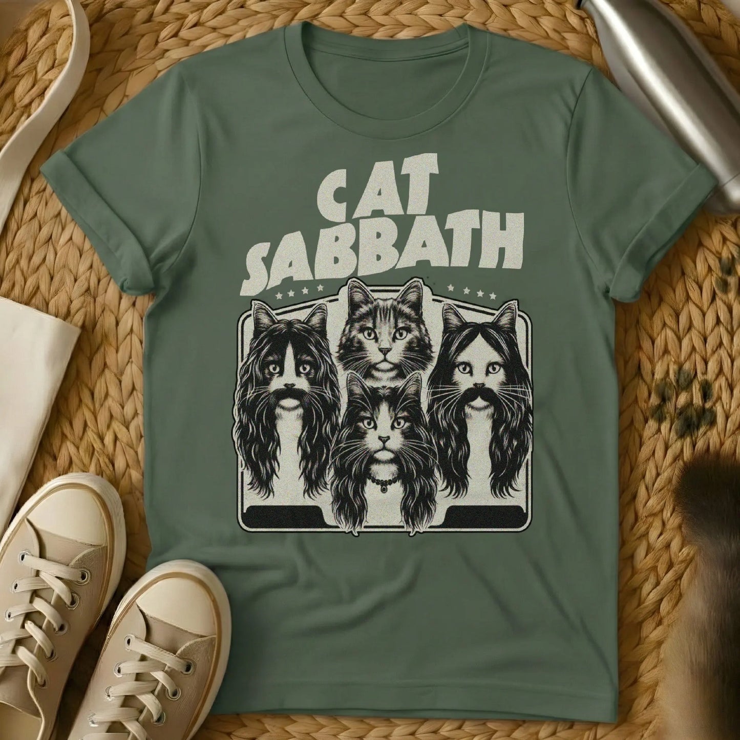 Cat Sabbath Cat Shirt - Military Green T-Shirt - band album art parody, black sabbath parody, doom metal cat