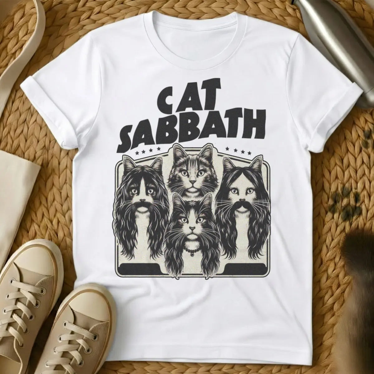 Cat Sabbath Cat Shirt - White T-Shirt - band album art parody, black sabbath parody, doom metal cat