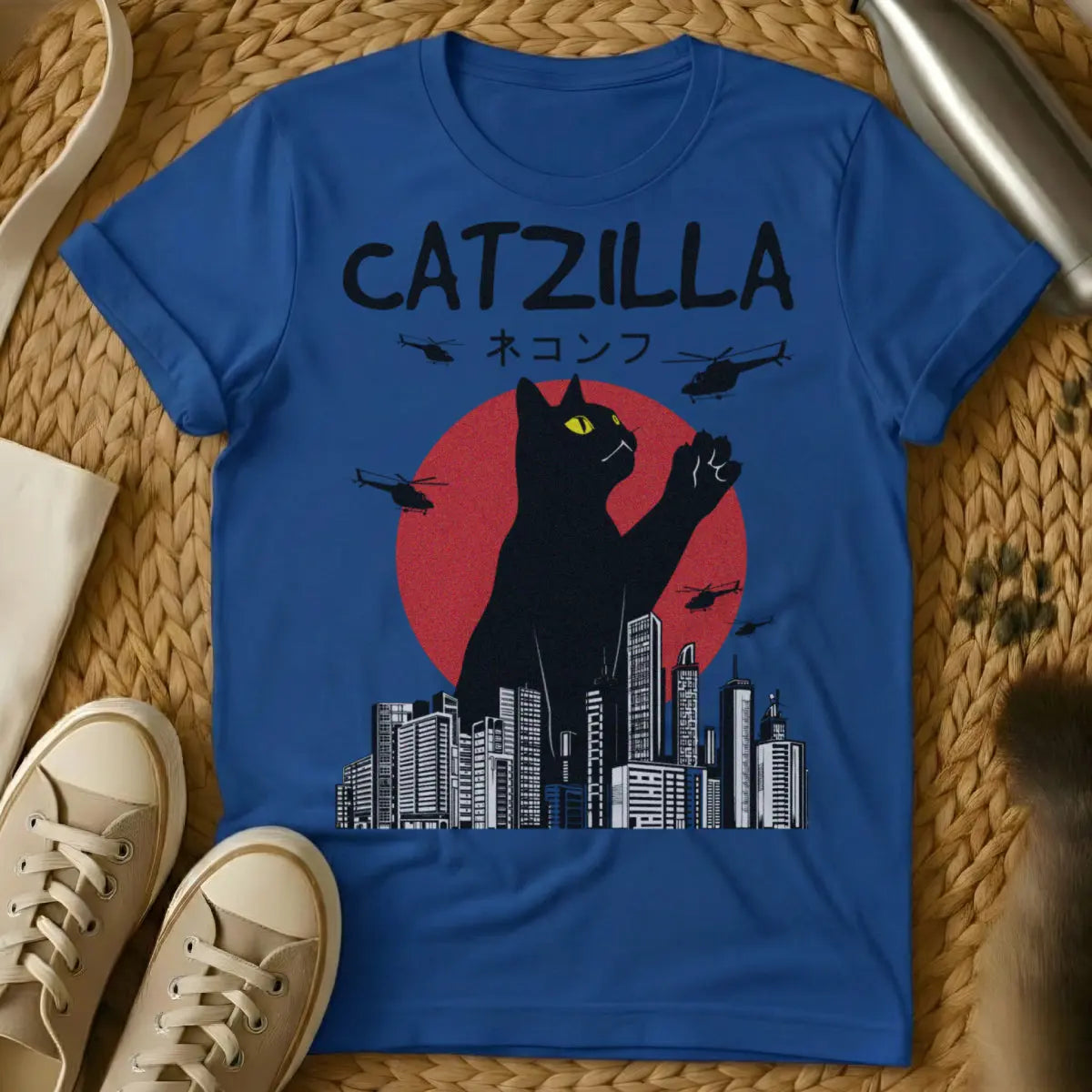Catzilla Cat Shirt - Blue T-Shirt - destroyed city aesthetic, giant cat art, godzilla parody
