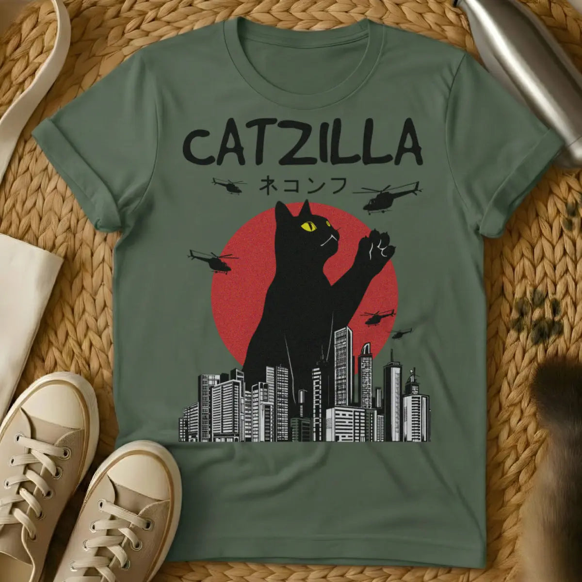 Catzilla Cat Shirt - Military Green T-Shirt - destroyed city aesthetic, giant cat art, godzilla parody