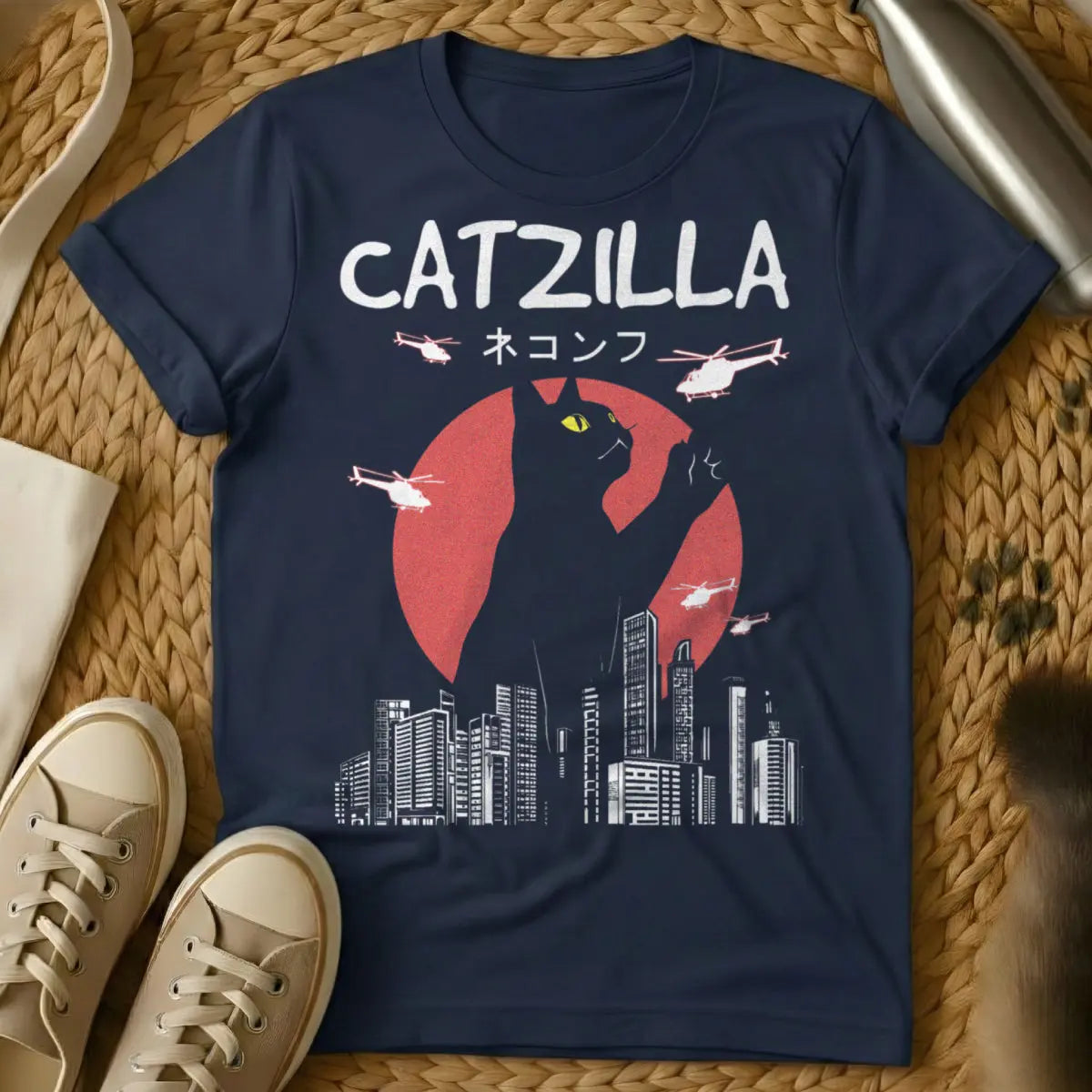 Catzilla Cat Shirt - Navy T-Shirt - destroyed city aesthetic, giant cat art, godzilla parody