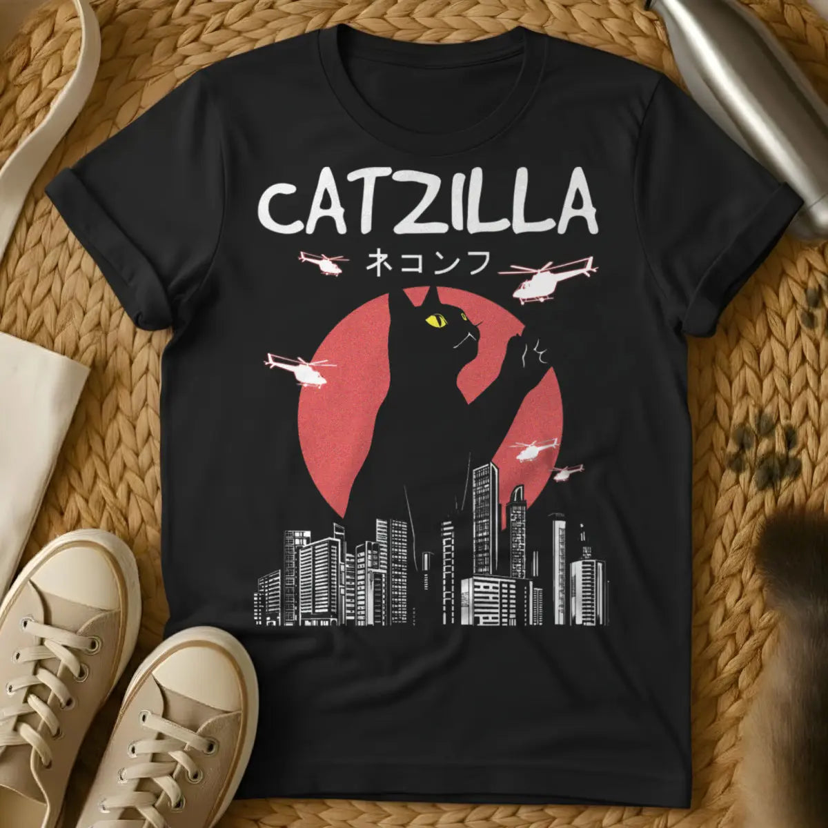 Catzilla Cat Shirt - Black T-Shirt - destroyed city aesthetic, giant cat art, godzilla parody