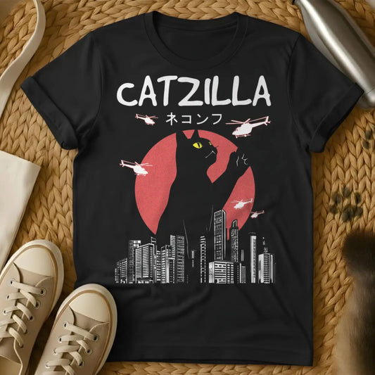 Catzilla Cat Shirt - Black T-Shirt - destroyed city aesthetic, giant cat art, godzilla parody