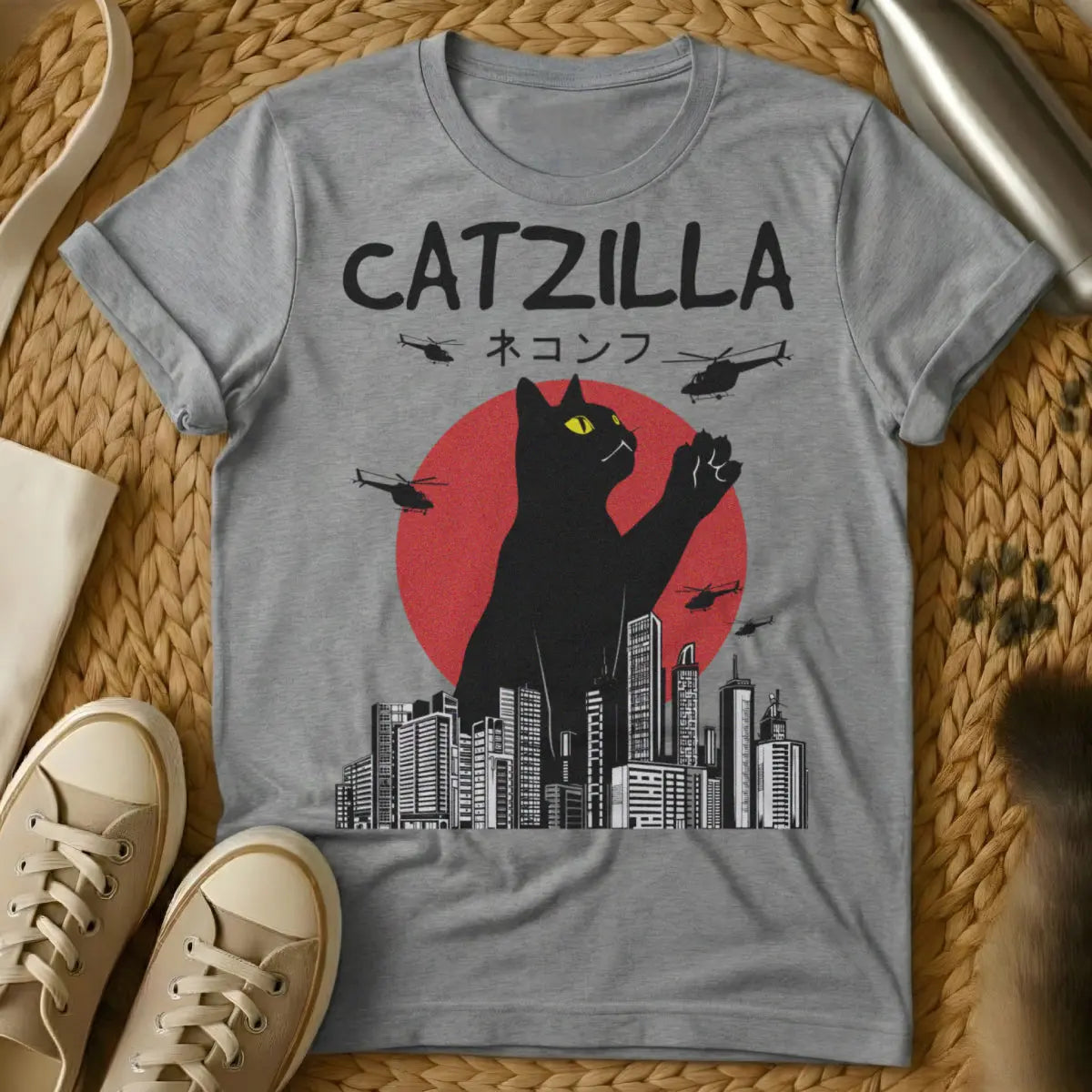 Catzilla Cat Shirt - Gray T-Shirt - destroyed city aesthetic, giant cat art, godzilla parody