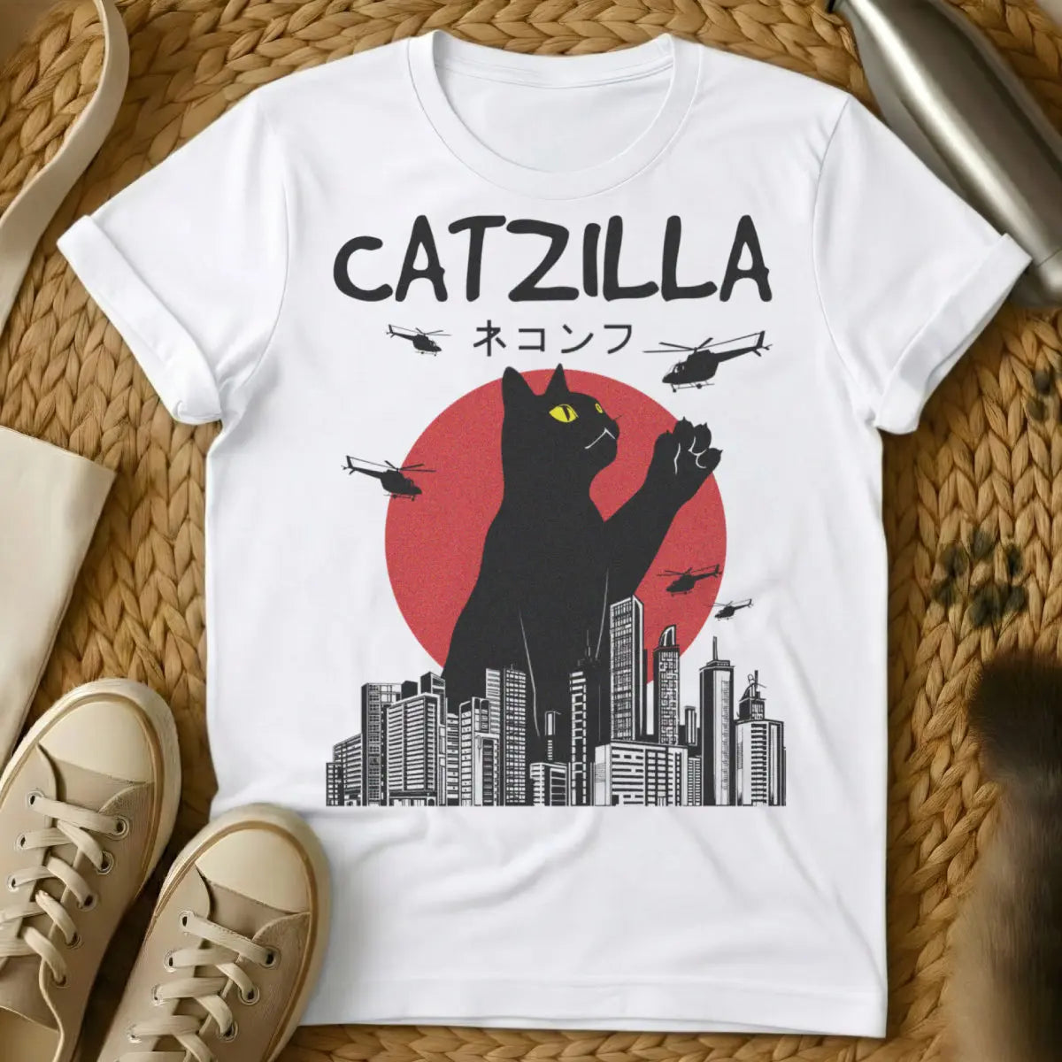 Catzilla Cat Shirt - White T-Shirt - destroyed city aesthetic, giant cat art, godzilla parody