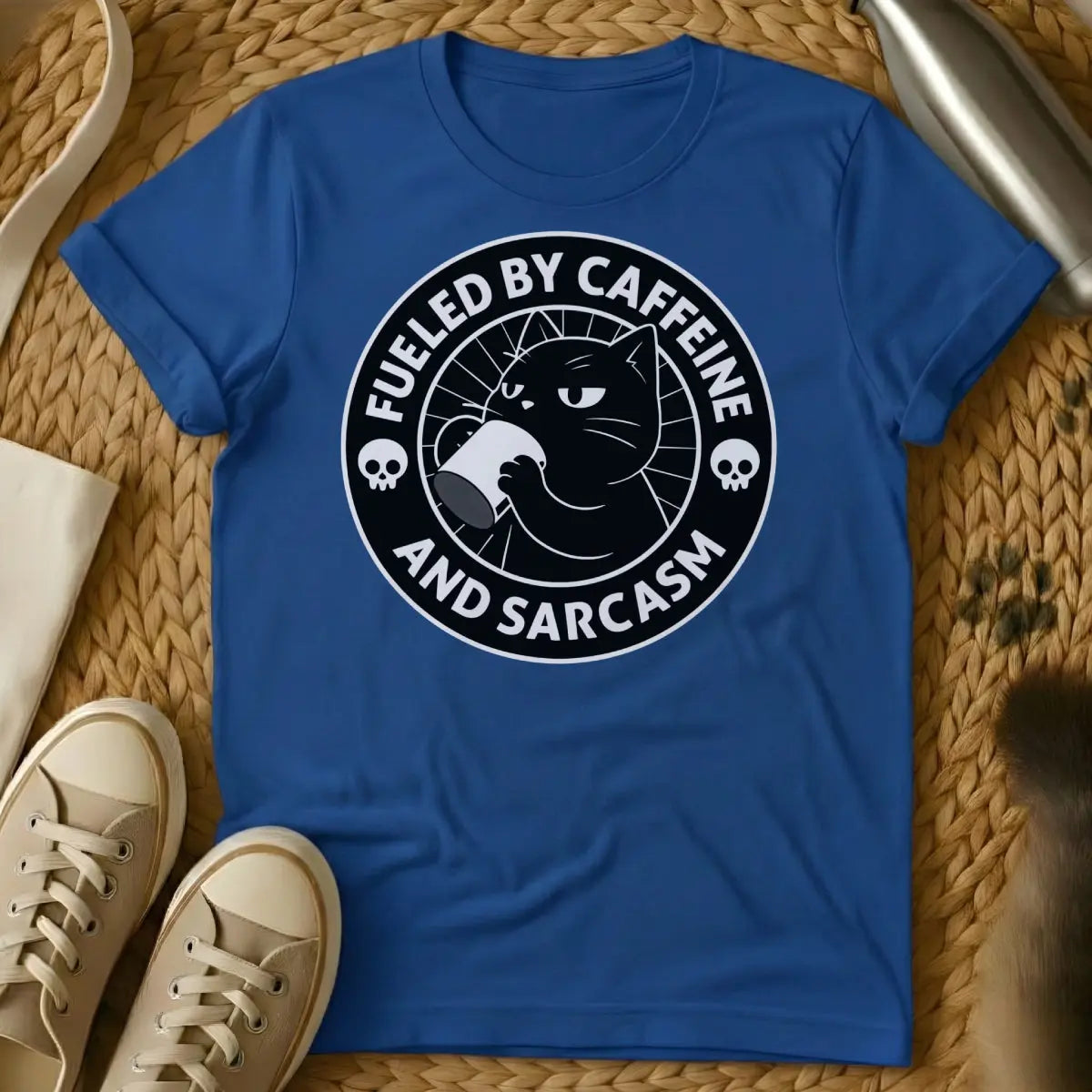 Caffeine Cat Shirt - Blue T-Shirt - chaotic feline energy, coffeeholic cat, morning brew cat
