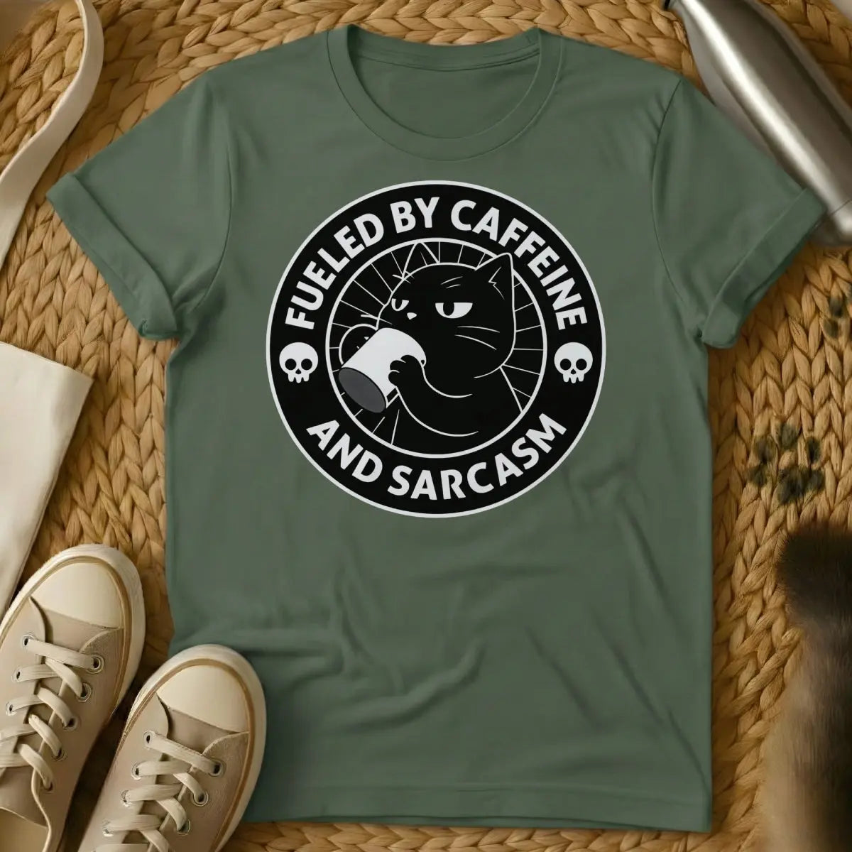 Caffeine Cat Shirt - Military Green T-Shirt - chaotic feline energy, coffeeholic cat, morning brew cat