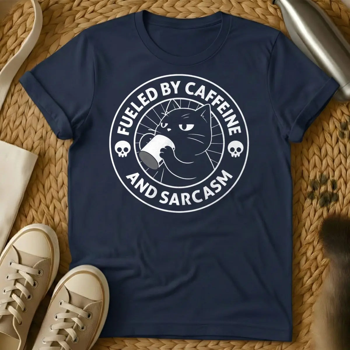 Caffeine Cat Shirt - Navy T-Shirt - chaotic feline energy, coffeeholic cat, morning brew cat