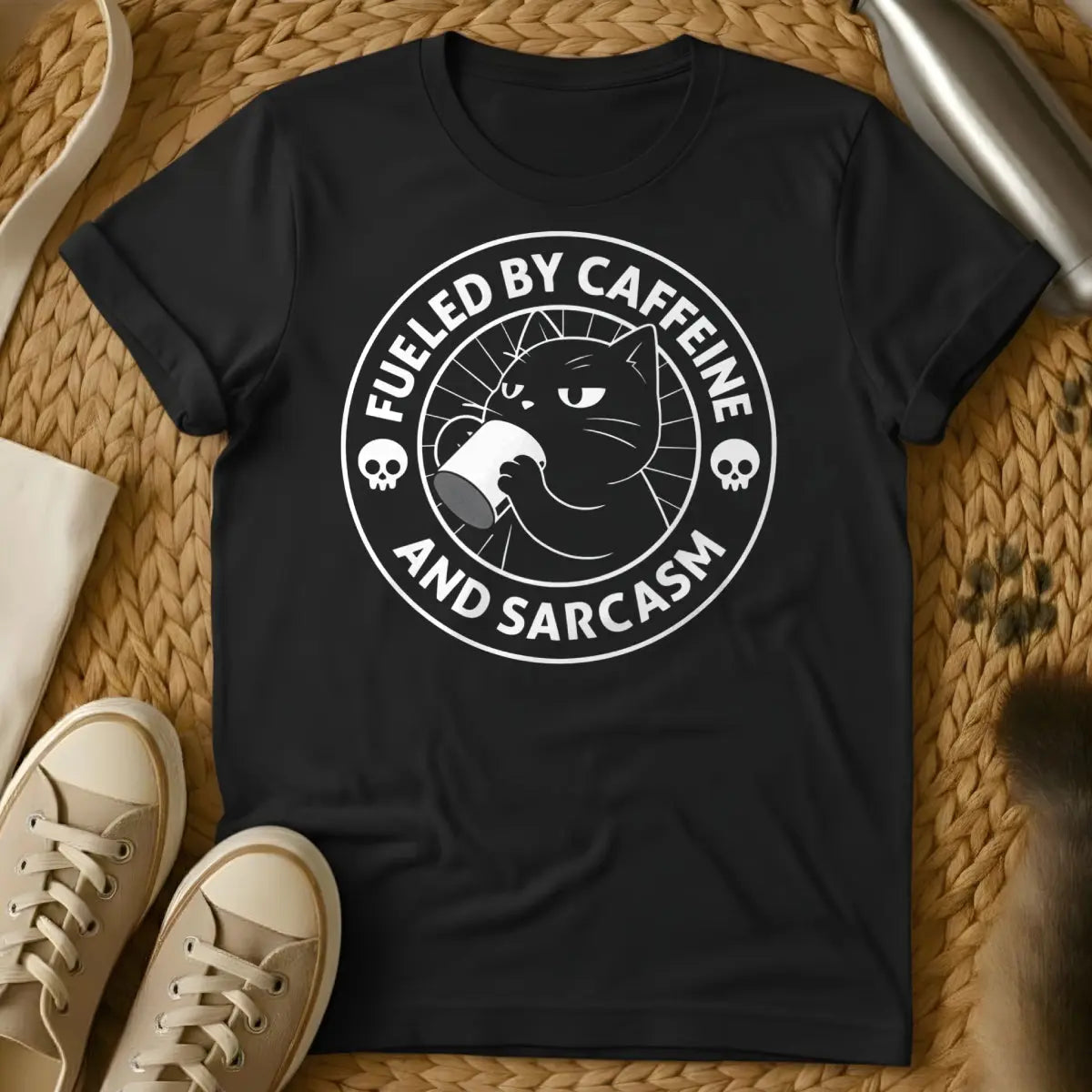 Caffeine Cat Shirt - Black T-Shirt - chaotic feline energy, coffeeholic cat, morning brew cat