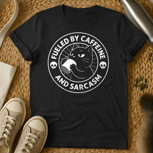Caffeine Cat Shirt - Black T-Shirt - chaotic feline energy, coffeeholic cat, morning brew cat