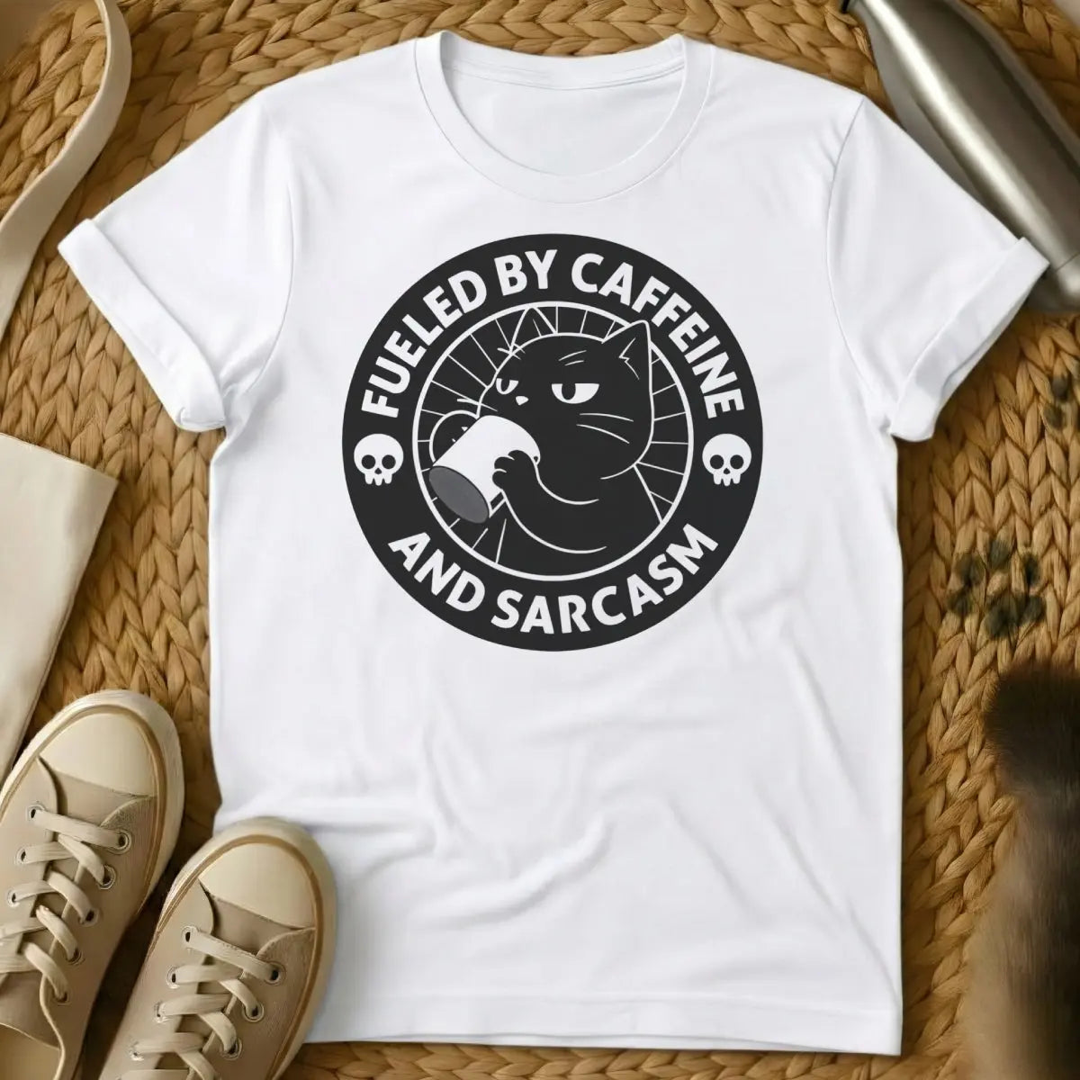 Caffeine Cat Shirt - White T-Shirt - chaotic feline energy, coffeeholic cat, morning brew cat
