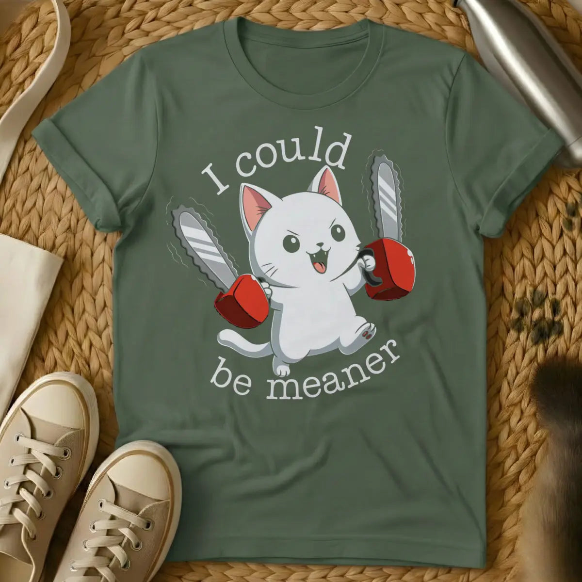 I Could Be Meaner Shirt - Military Green Cat T-Shirt