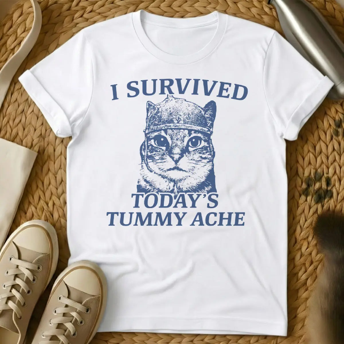 Tummy Ache Survivor Shirt - White Cat T-Shirt