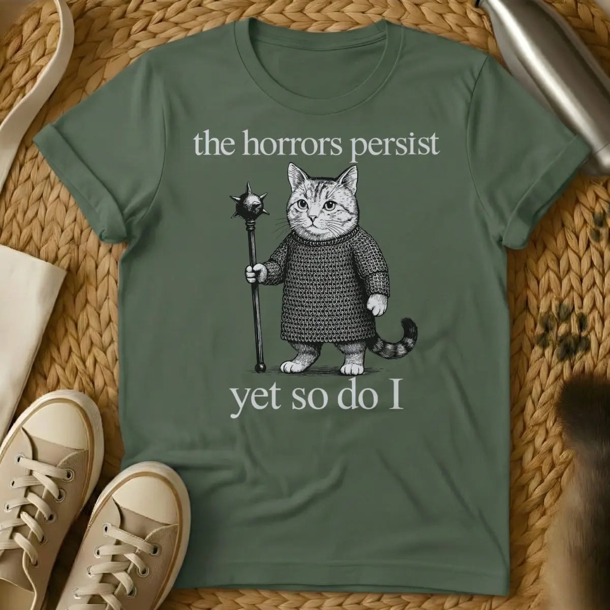 The Horrors Persist Shirt - Military Green Cat T-Shirt