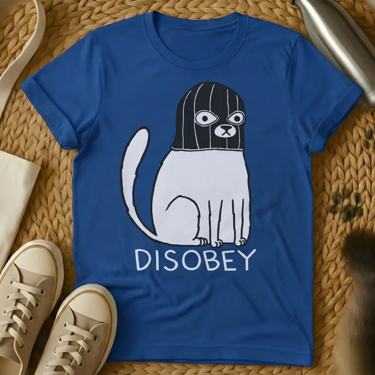 Disobey Cat Shirt - Blue T-Shirt - anarcho-cat art, anti-authoritarian feline, bureaucratic satire apparel