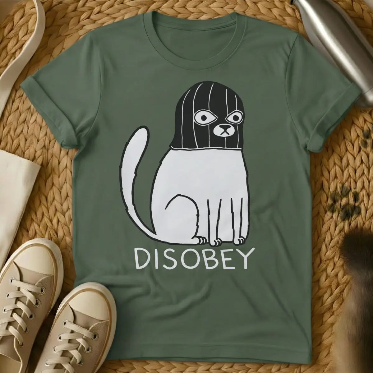Disobey Cat Shirt - Military Green T-Shirt - anarcho-cat art, anti-authoritarian feline, bureaucratic satire apparel