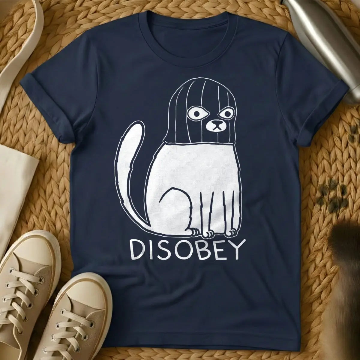 Disobey Cat Shirt - Navy T-Shirt - anarcho-cat art, anti-authoritarian feline, bureaucratic satire apparel