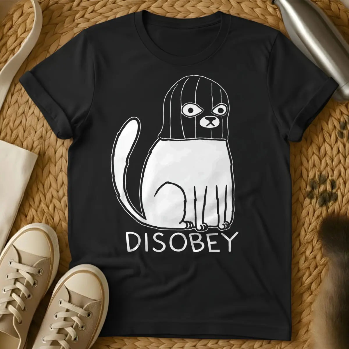 Disobey Cat Shirt - Black T-Shirt - anarcho-cat art, anti-authoritarian feline, bureaucratic satire apparel