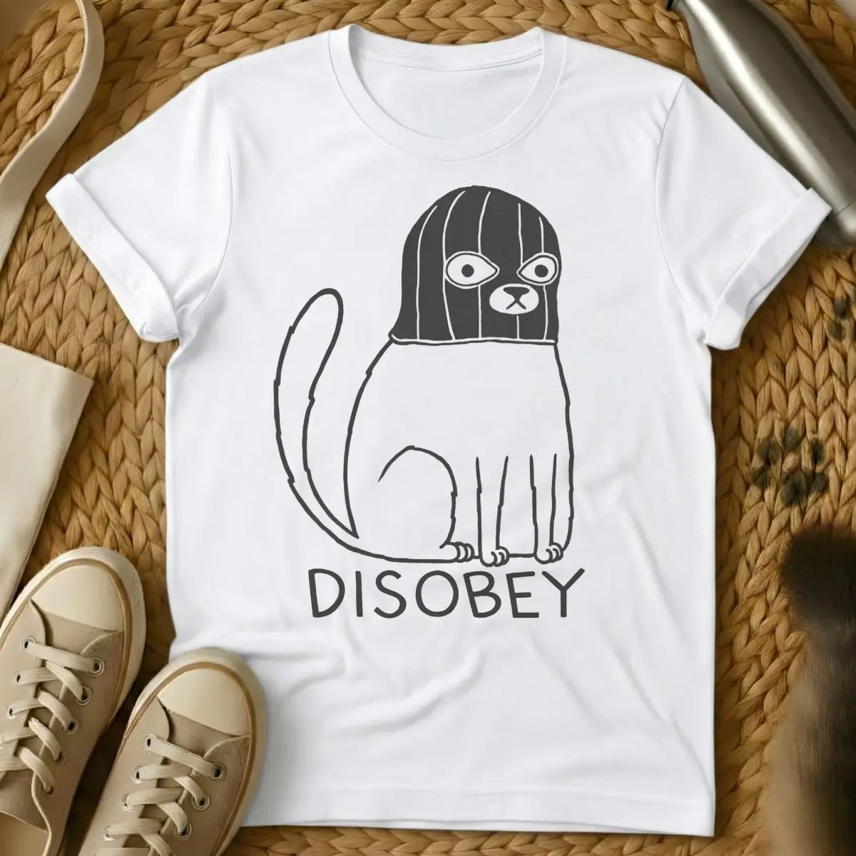Disobey Cat Shirt - White T-Shirt - anarcho-cat art, anti-authoritarian feline, bureaucratic satire apparel