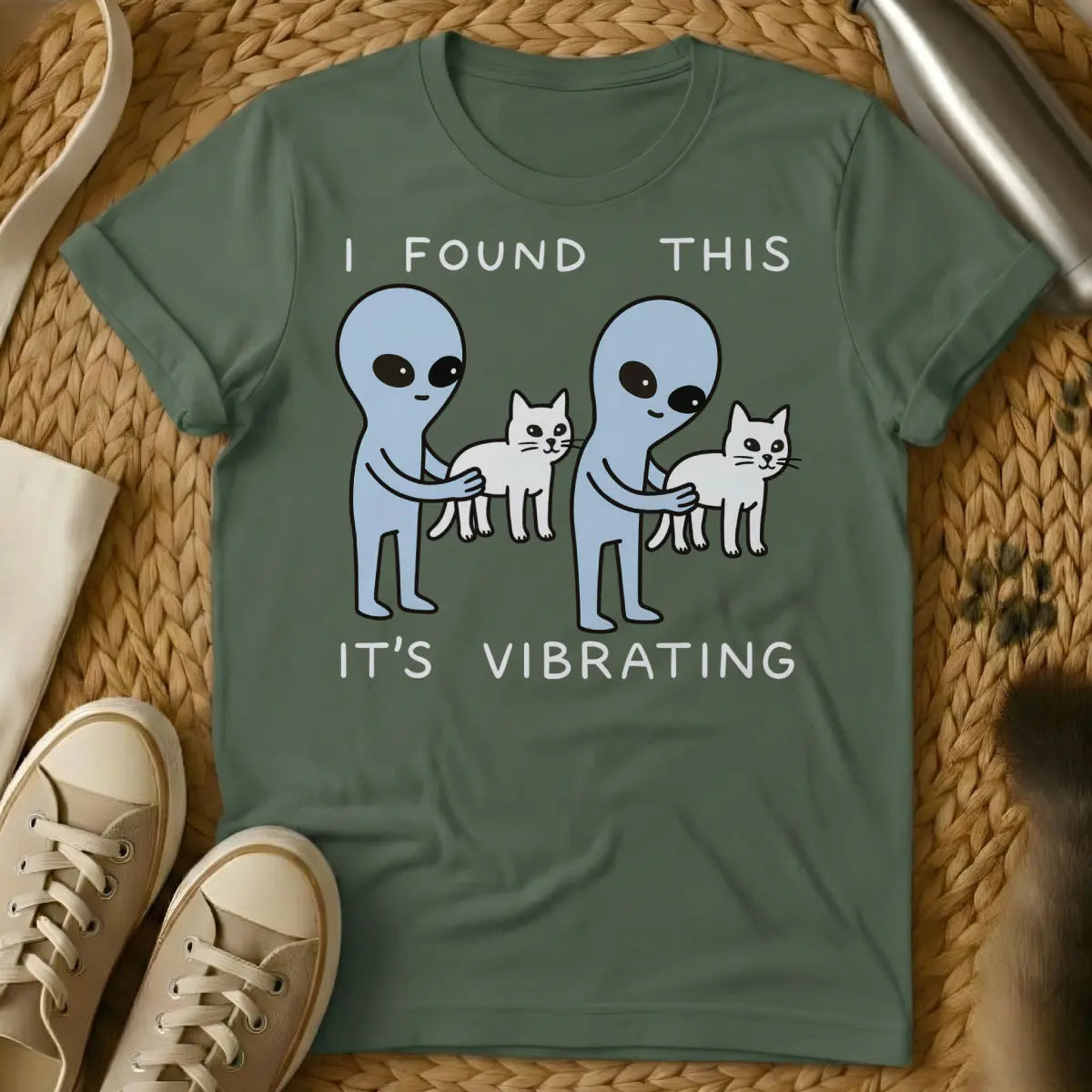 Aliens With Cat Shirt - Military Green T-Shirt - cosmic pet, extraterrestrial cat, first contact humor