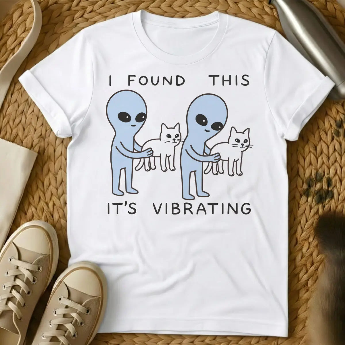 Aliens With Cat Shirt - White T-Shirt - cosmic pet, extraterrestrial cat, first contact humor
