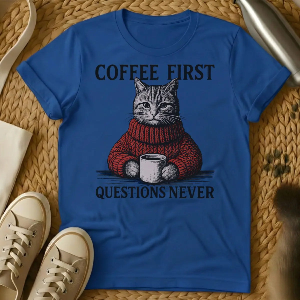 Coffee First Cat Shirt - Blue T-Shirt - coffee cat parent, daily hierarchy tee, feline first lifestyle