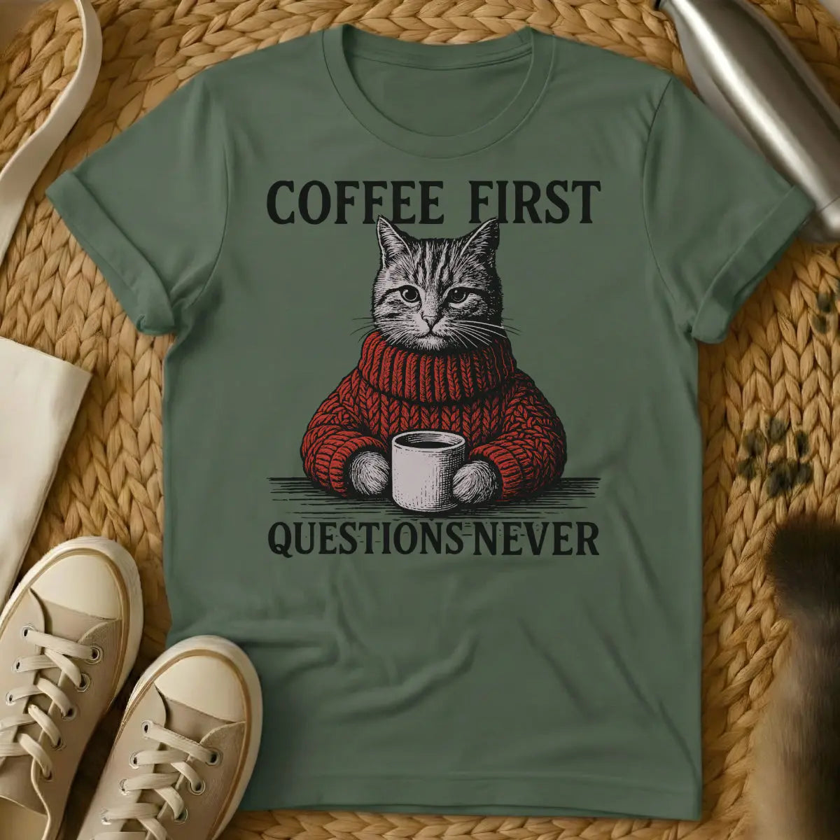 Coffee First Cat Shirt - Military Green T-Shirt - coffee cat parent, daily hierarchy tee, feline first lifestyle