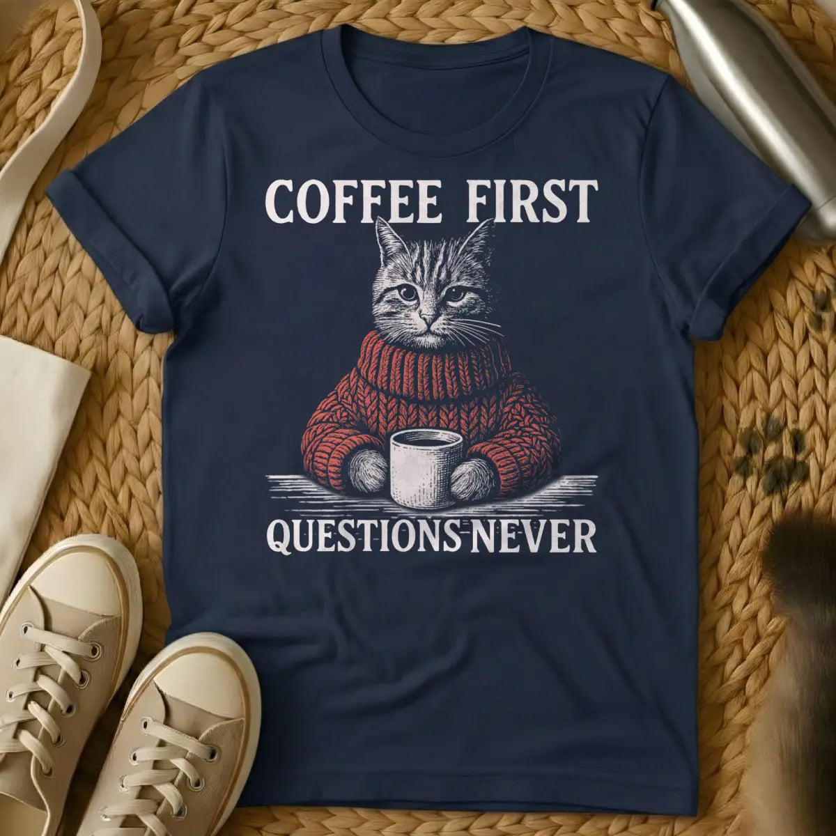Coffee First Cat Shirt - Navy T-Shirt - coffee cat parent, daily hierarchy tee, feline first lifestyle