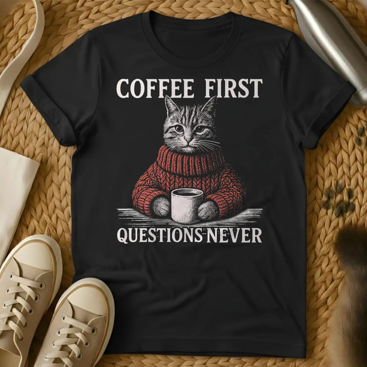 Coffee First Cat Shirt - Black T-Shirt - coffee cat parent, daily hierarchy tee, feline first lifestyle