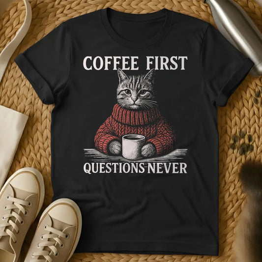 Coffee First Cat Shirt - Black T-Shirt - coffee cat parent, daily hierarchy tee, feline first lifestyle