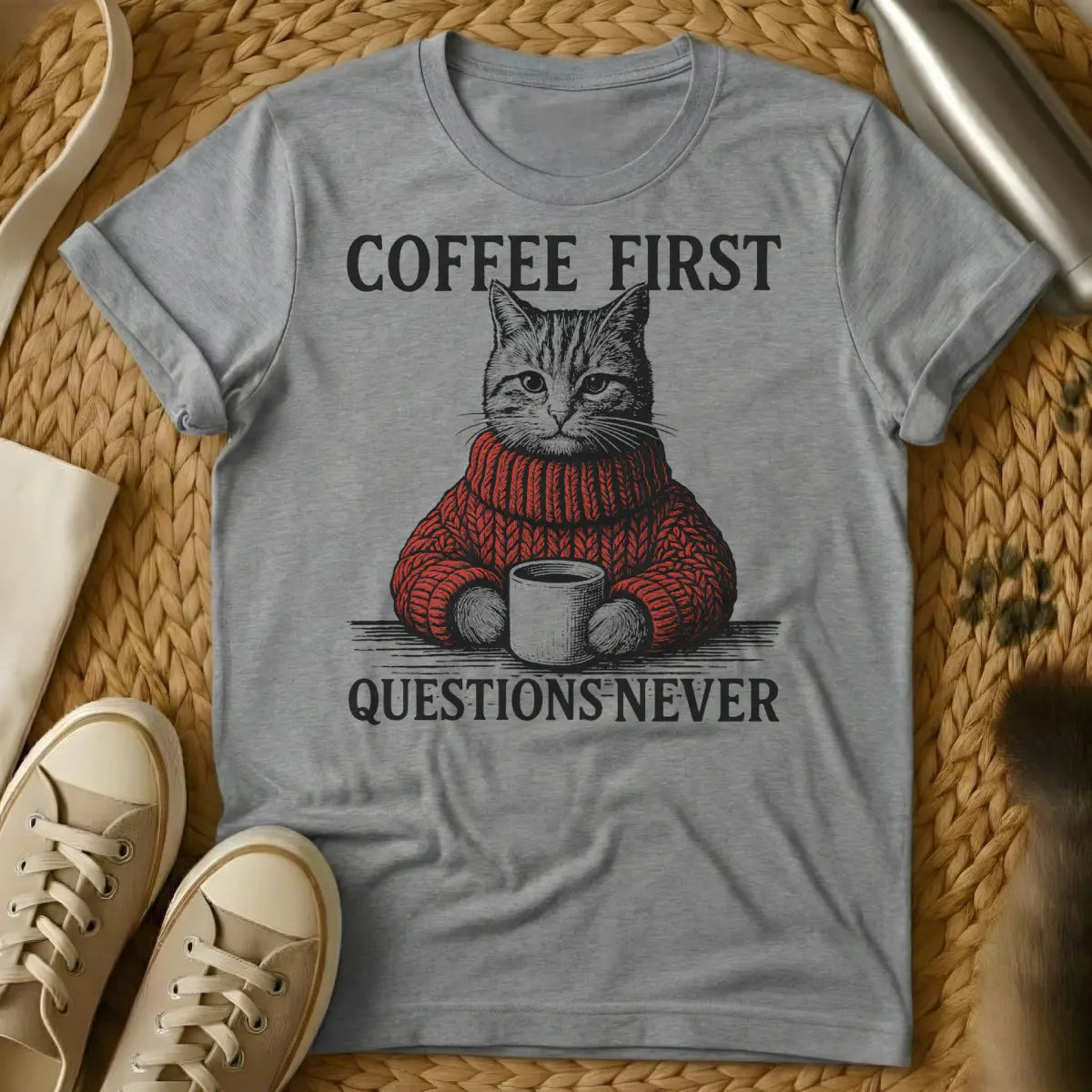 Coffee First Cat Shirt - Gray T-Shirt - coffee cat parent, daily hierarchy tee, feline first lifestyle