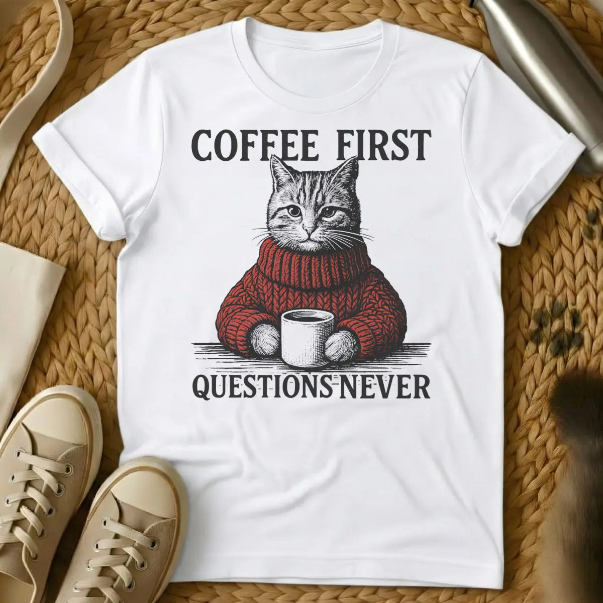 Coffee First Cat Shirt - White T-Shirt - coffee cat parent, daily hierarchy tee, feline first lifestyle