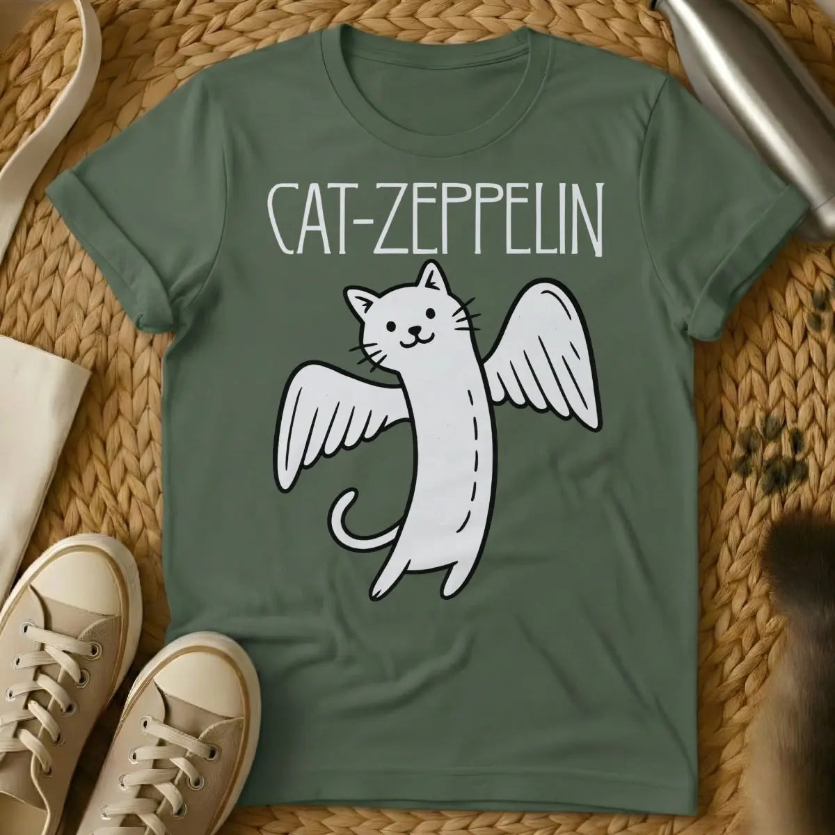 Cat Zeppelin T Shirt - Military Green T-Shirt - band tee spoof, classic rock fan art, led zeppelin parody