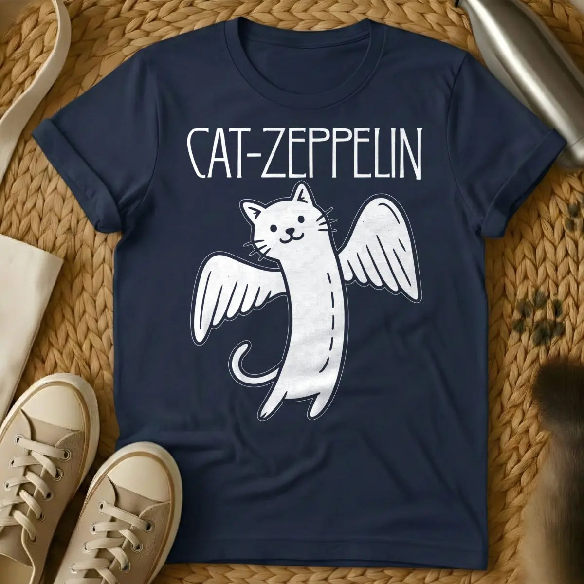Cat Zeppelin T Shirt - Navy T-Shirt - band tee spoof, classic rock fan art, led zeppelin parody