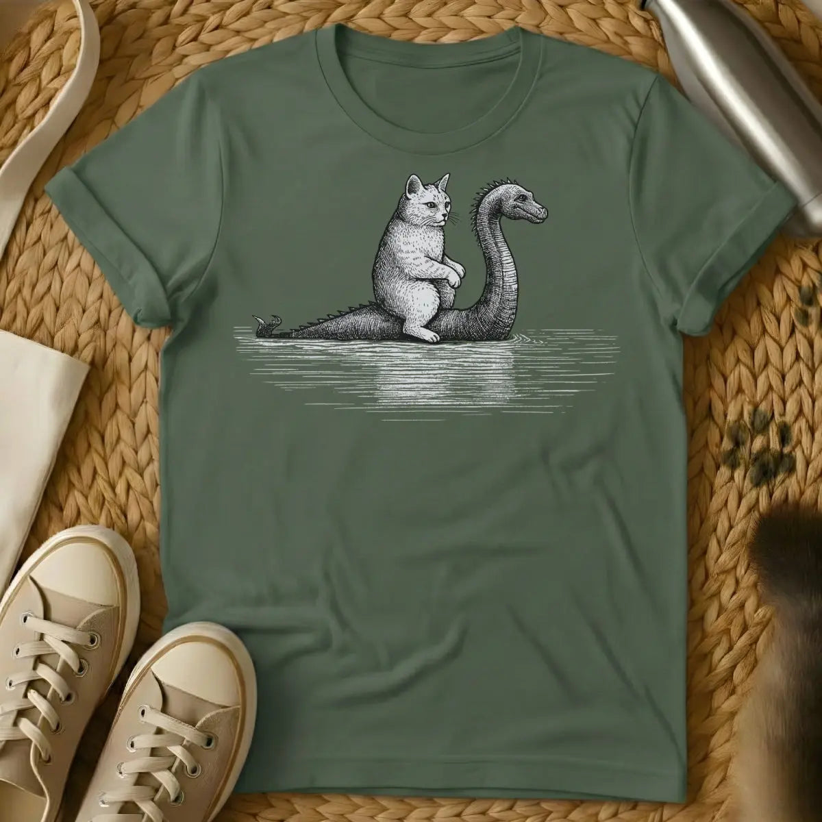 Loch Ness Monster Cat T-Shirt - Military Green Cat T-Shirt
