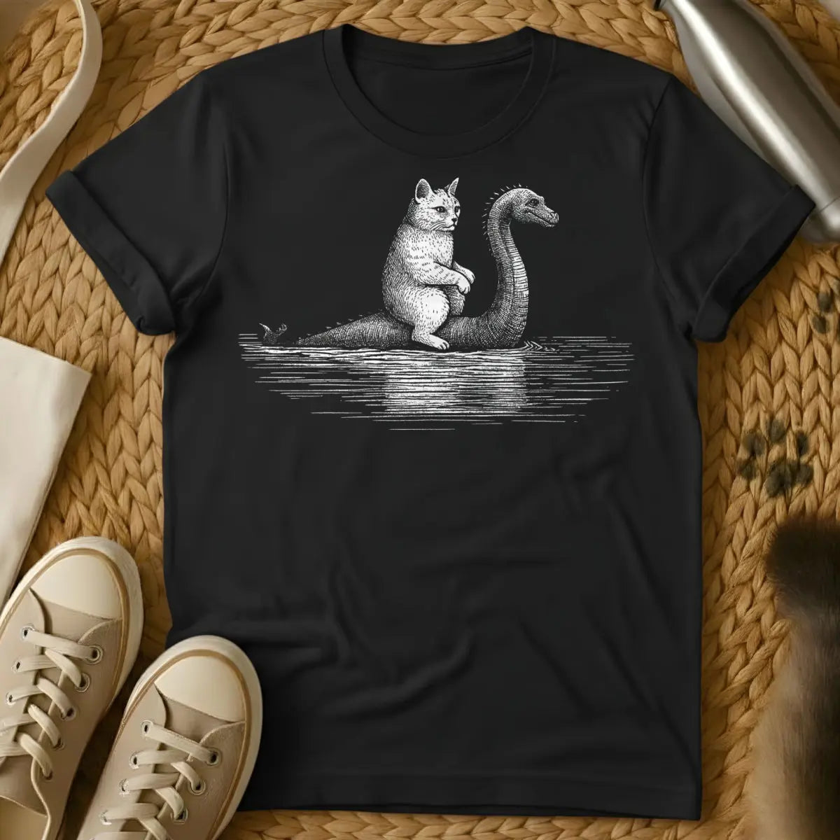 Loch Ness Monster Cat T-Shirt - Black Cat T-Shirt