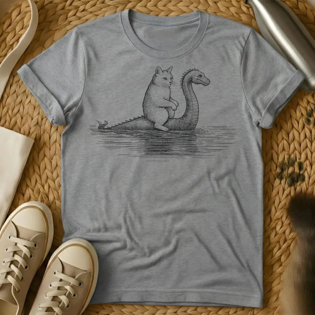 Loch Ness Monster Cat T-Shirt - Gray Cat T-Shirt