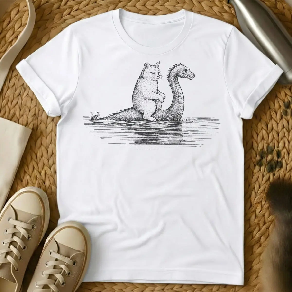 Loch Ness Monster Cat T-Shirt - White Cat T-Shirt