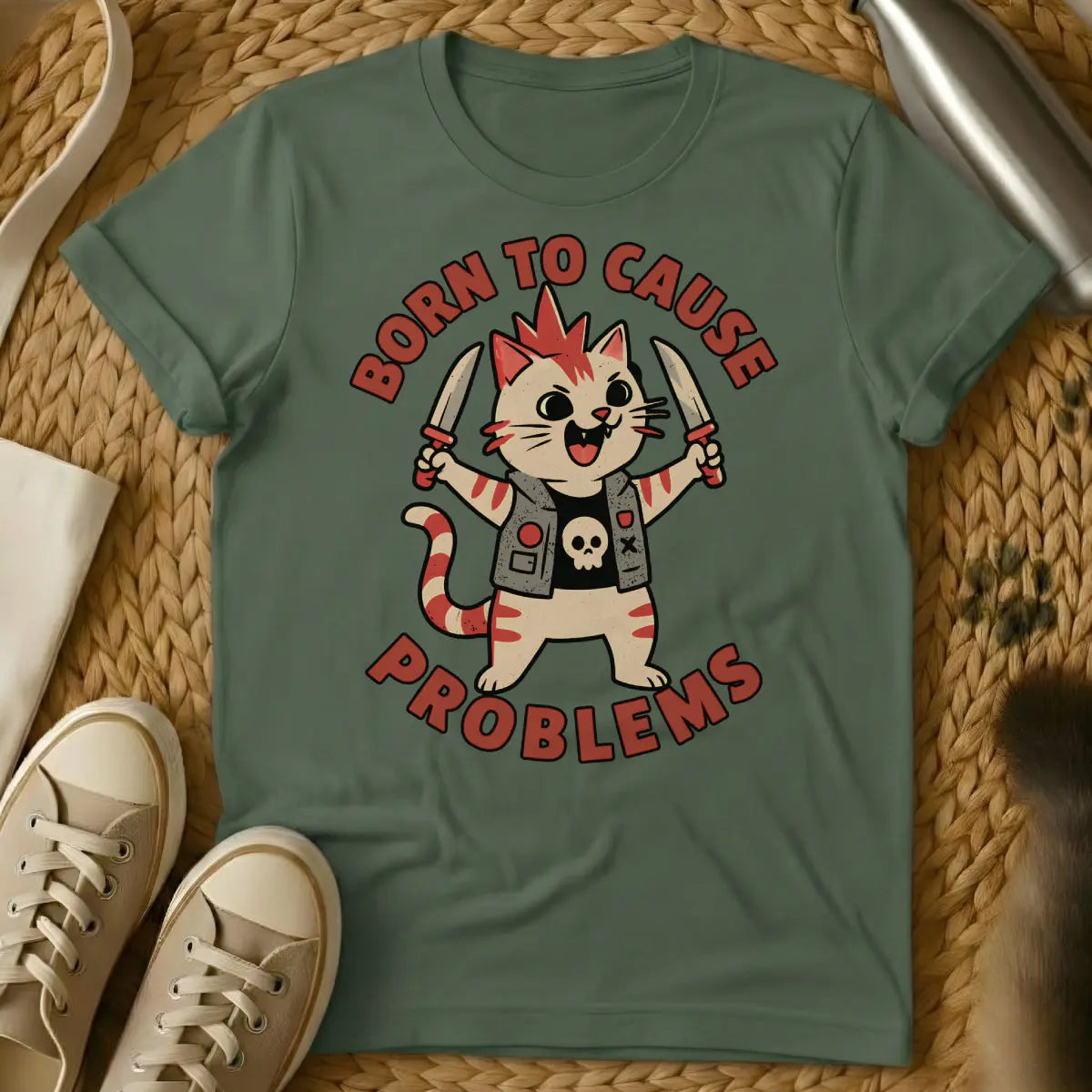 Rebel Cat Shirt - Military Green Cat T-Shirt