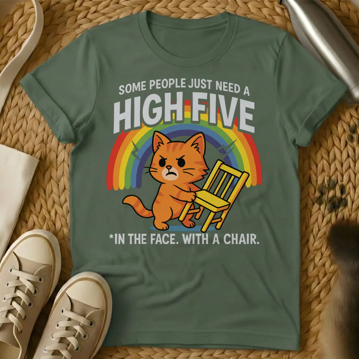 High Five Cat T-Shirt - Military Green Cat T-Shirt